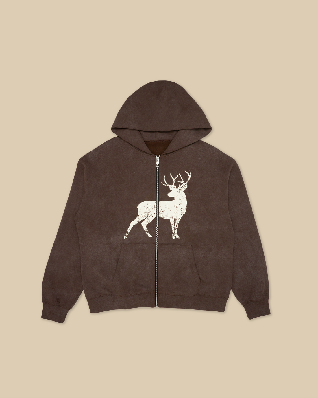 Vintage Washed Deer Zip-Up Hoodie